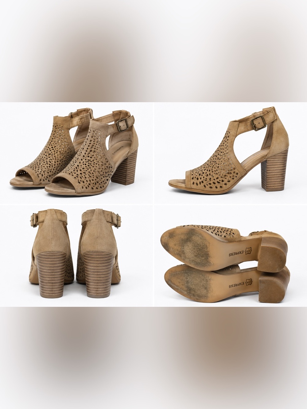 Express Tan Suede Perforated Block Heel Sandals – Size 10